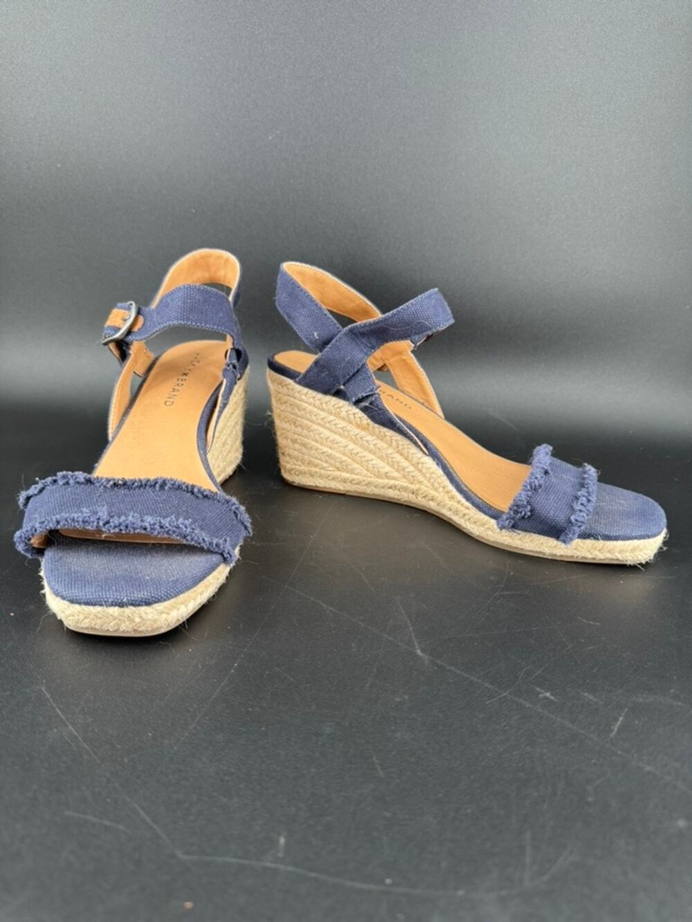 Lucky Brand Mindra Espadrille Wedge Sandals 7.5M Indigo Blue Canvas Frayed